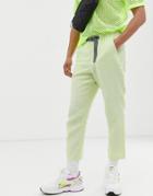 Asos Design Tapered Cropped Pants In Washed Neon Green Linen With Belt