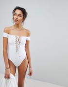 Blue Life Off Shoulder One Piece Swimsuit - White