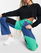 Bershka Patchwork Wide Leg Jean In Blue Green And Black-multi