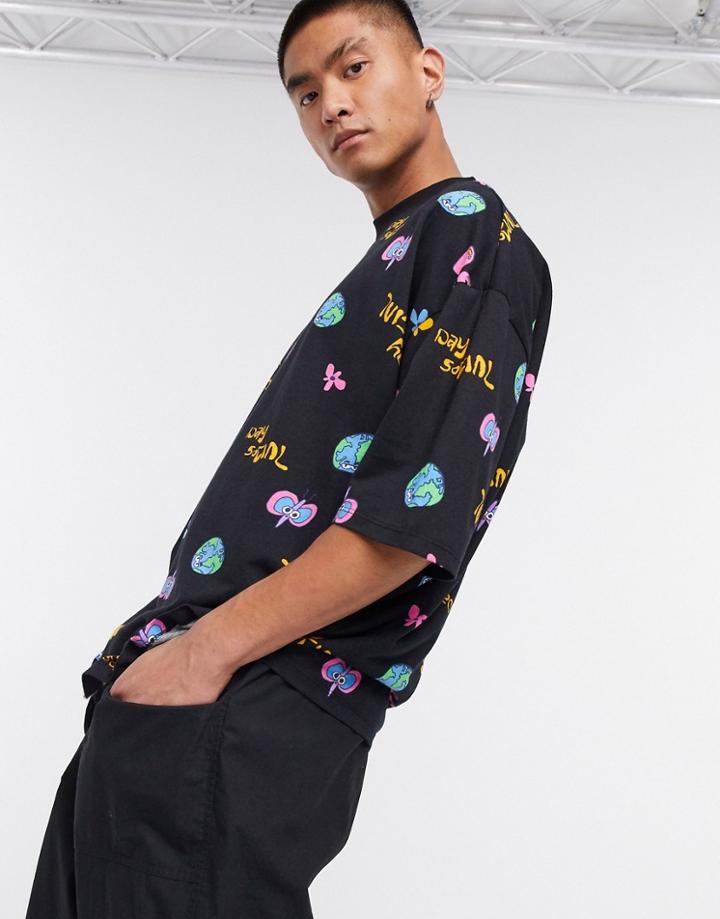 Asos Daysocial Oversized T-shirt With All Over Daysocial Logo Print-black