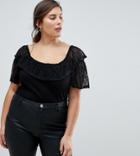 Asos Curve Top In Rib With Lace Off Shoulder Trim - Black