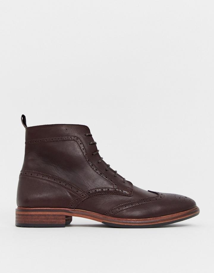 Asos Design Lace Up Brogue Boots In Brown Leather With Natural Sole - Brown