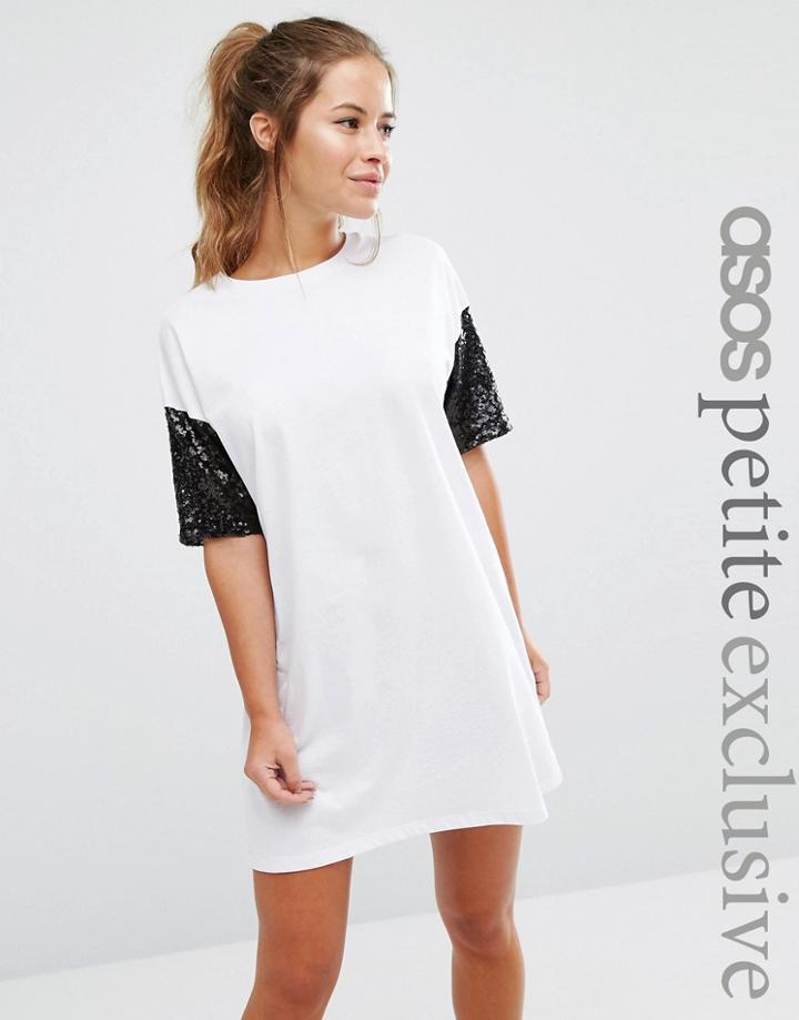 Asos Petite T-shirt Dress With Sequin Sleeve - White