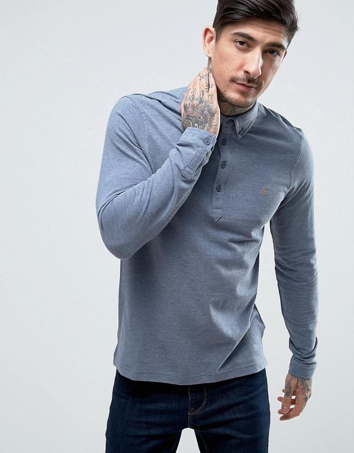 Farah Slim Pique Long Sleeve Polo Buttondown In Blue - Green