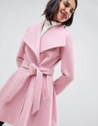 Asos Design Waterfall Collar Coat With Tie Belt-pink