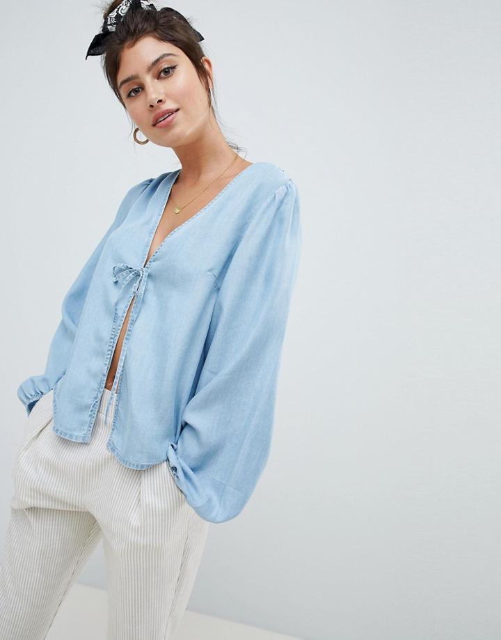Asos Design Denim Tie Front Top - Blue