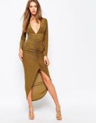 Missguided Slinky Plunge Ruched Midi Dress - Khaki