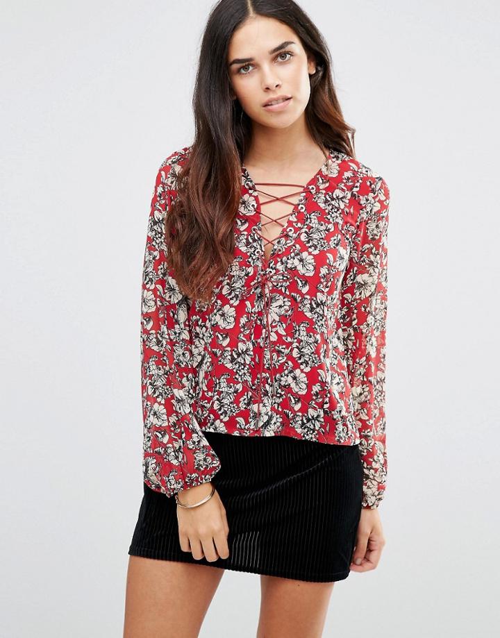 Tfnc Printed Tie Up Detail Top - Red