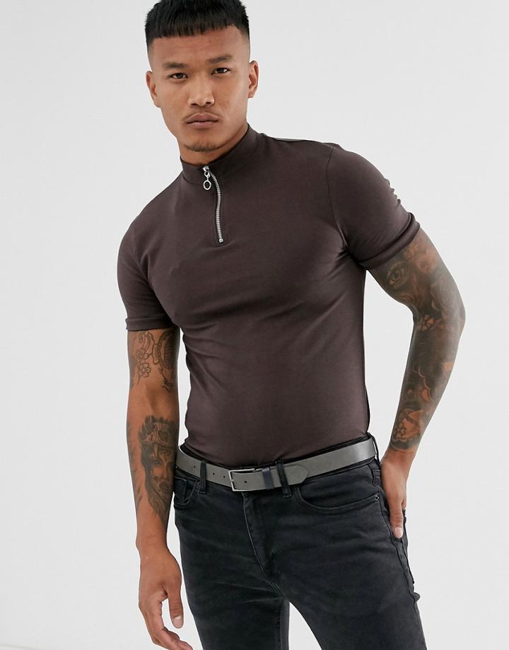Asos Design Organic Muscle Fit Zip Turtleneck T-shirt In Brown