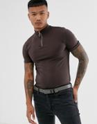 Asos Design Organic Muscle Fit Zip Turtleneck T-shirt In Brown