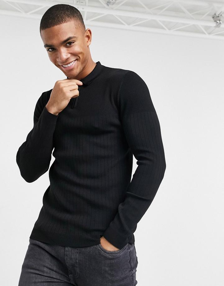 River Island Ribbed Knit Polo In Black