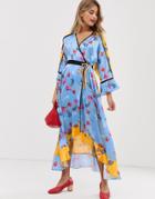 Liquorish Kimono Midi Dress In Mixed Print Floral - Yellow