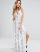 Liquorish Plunge Neck Embroidered Maxi Beach Dress - White