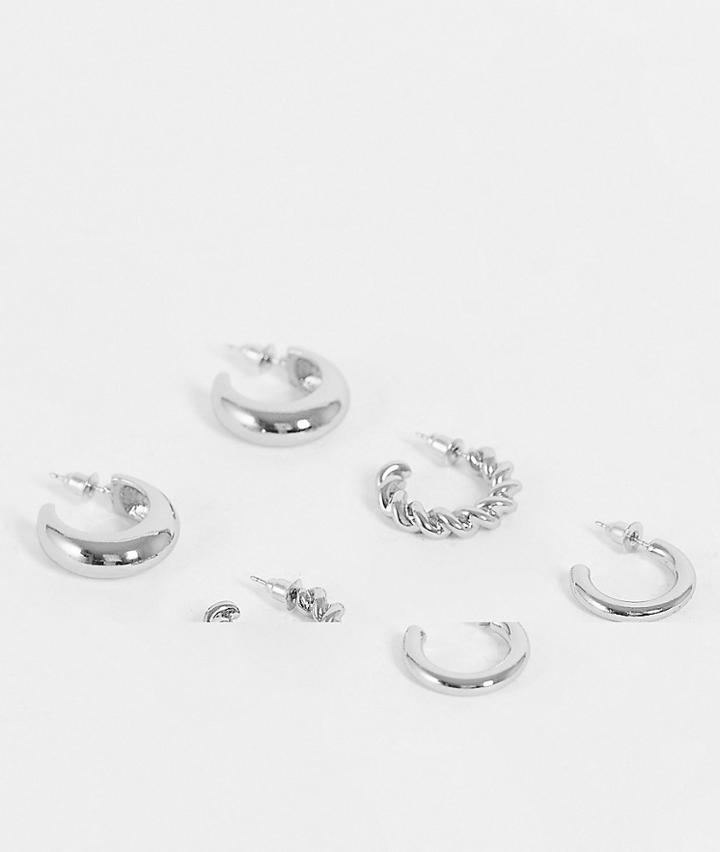 Topshop 3-pack Chain And Twist Hoop Earrings In Silver