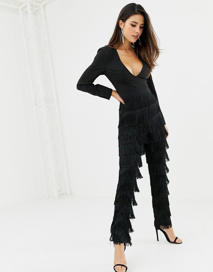 Lavish Alice Plunge Front Fringe Pants Jumpsuit In Black - Black
