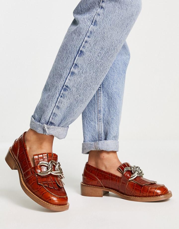 Asos Design Medallion Leather Fringe Loafers In Tan Croc-brown