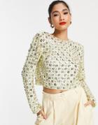 Asos Design Long Sleeve Embellished Top With Tie Back Detail In Disc Sequin In Lime-silver