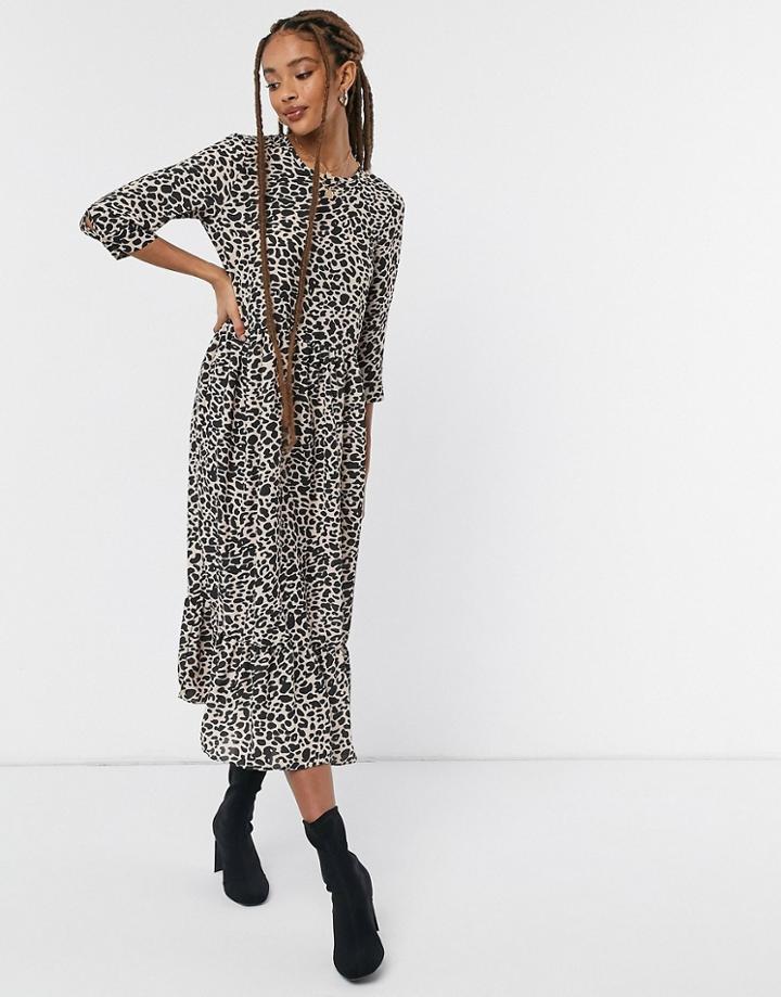 Style Cheat Long Sleeve Tiered Smock Midi Dress In Animal Print-brown