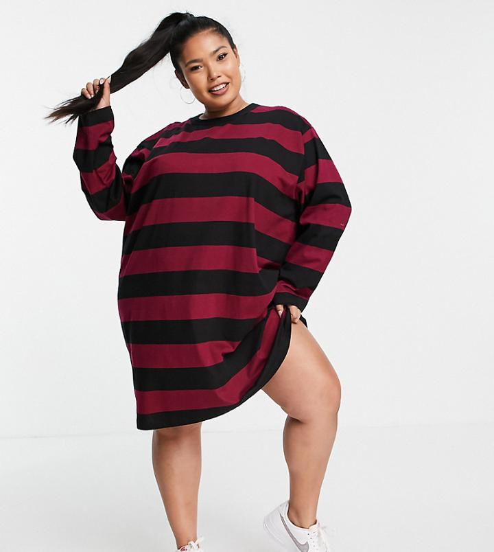 Asos Design Curve Oversized T-shirt Dress With Long Sleeve In Black And Merlot Stripe-red