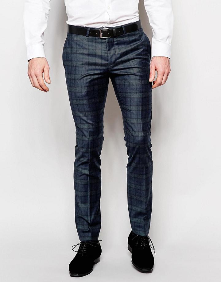 Noose & Monkey Plaid Pants With Stretch In Super Skinny Fit - Navy