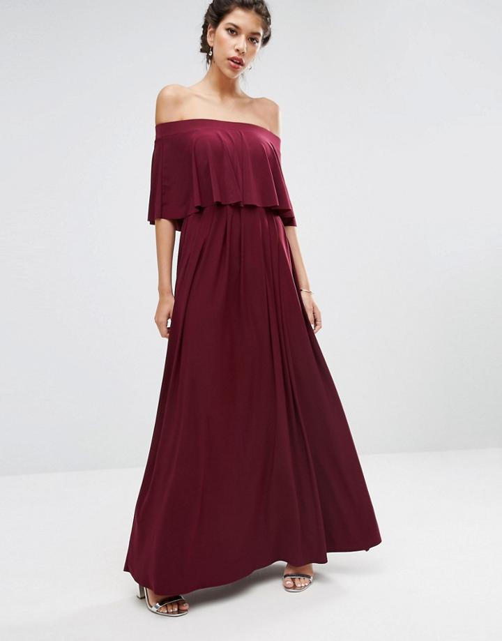 Asos Wedding Off Shoulder Frill Maxi Dress - Red