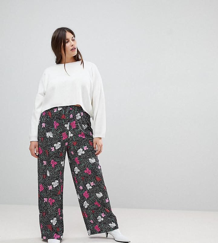 Asos Curve Wide Leg Pants In Spot Floral Print - Black
