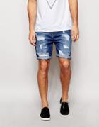 Asos Denim Shorts In Slim Fit Mid Wash With Rips - Mid Blue