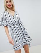 Influence Stripe Wrap Dress With Ruffle Detail - Blue