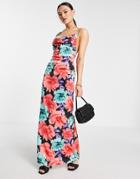 Asos Design Cami Cowl Satin Maxi Dress In Bold Floral Print-multi