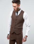 Asos Slim Suit Waistcoat In Harris Tweed Check 100% Wool - Brown