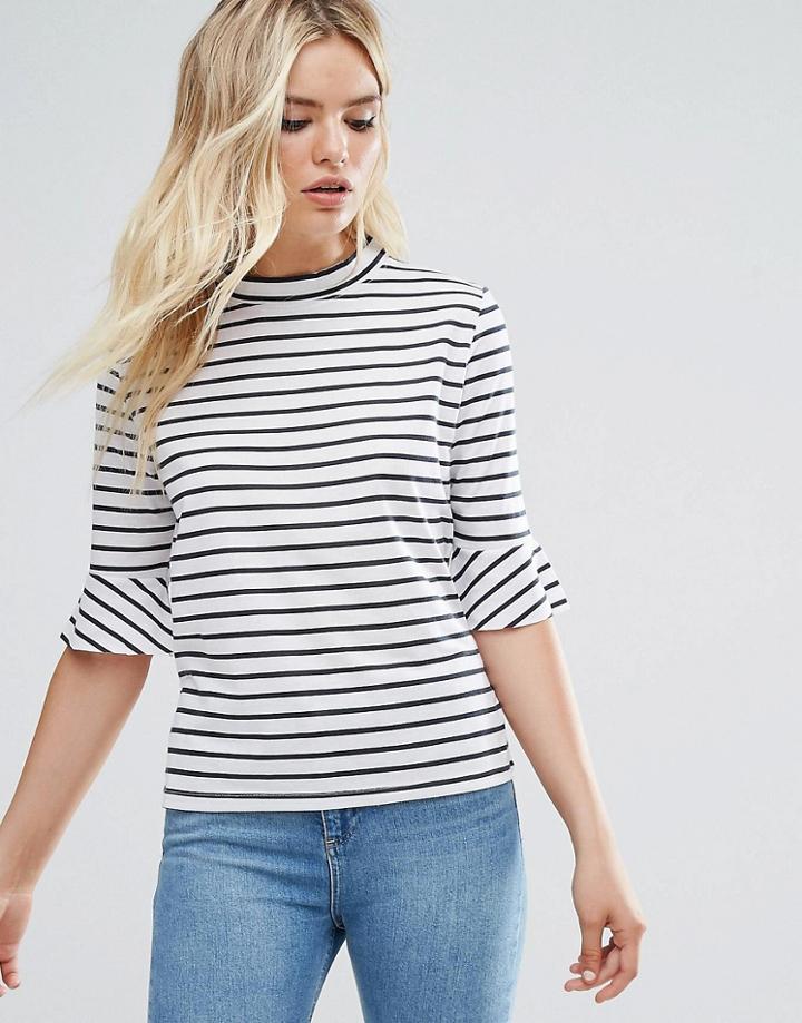 Daisy Street High Neck Stripe Top - White