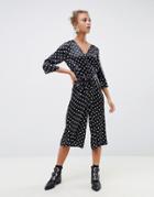 Influence Polka Dot Satin Print Jumpsuit With Tie Waist - Black