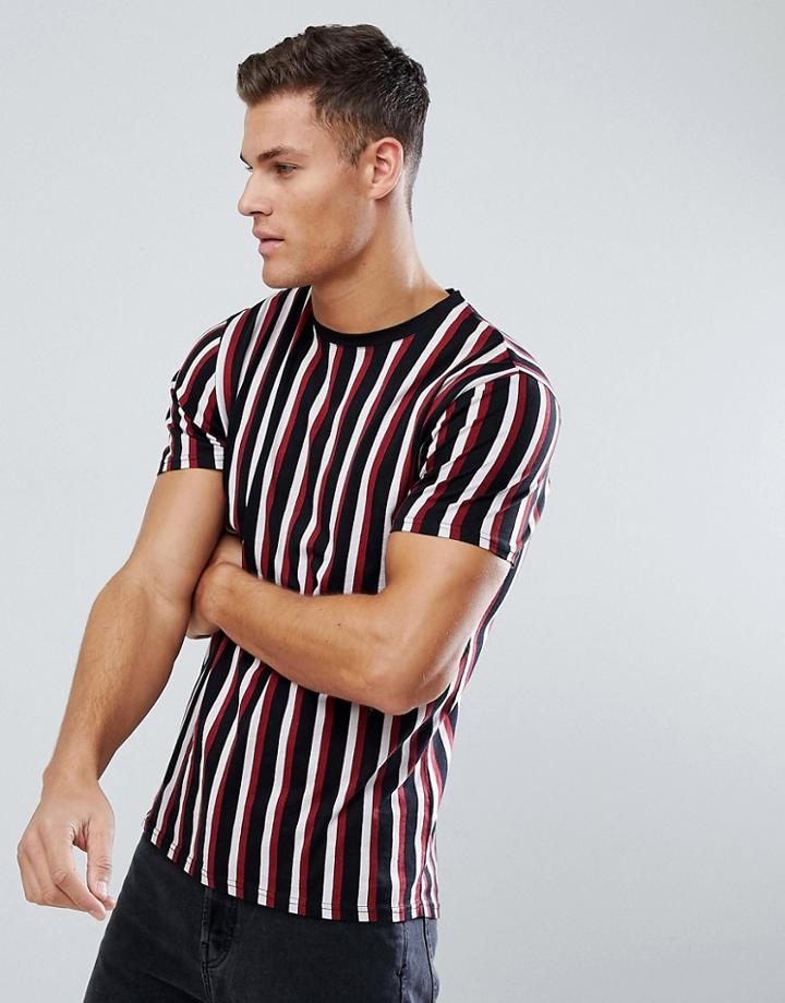 Stradivarius Vertical Stripe T-shirt In Burgundy - White