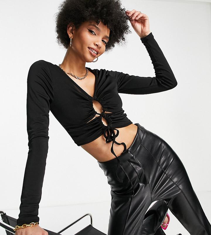 Asos Design Tall Top With Front Tie Cut Out Detail In Black - Black