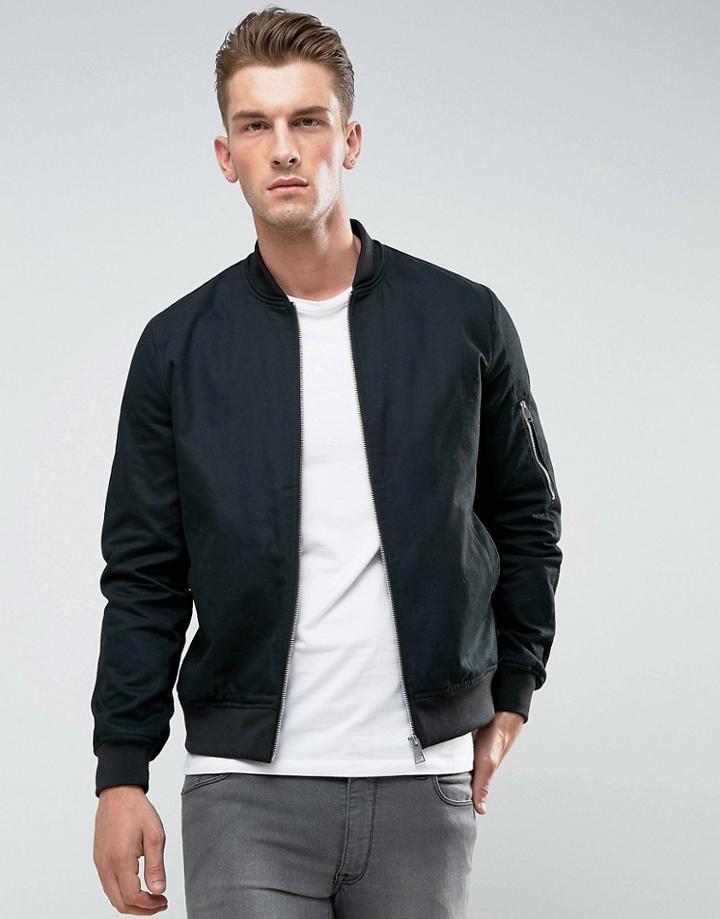 Asos Design Bomber Jacket With Sleeve Zip In Black - Black