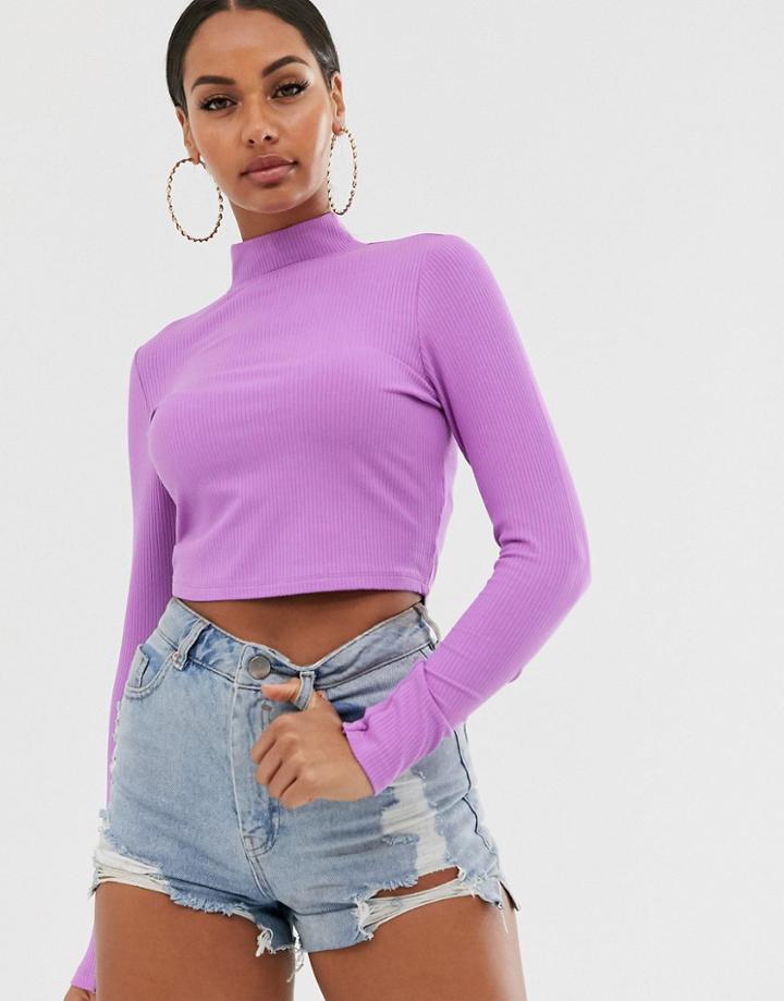 Asos Design Turtleneck Long Sleeve Rib Crop Top In Purple - Purple