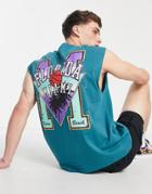Asos Design Oversized Tank Top In Teal Green With Varsity Back Print-blue