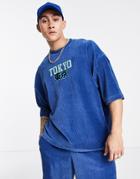 Asos Design Oversized T-shirt In Blue Ribbed Velour With Tokyo City Embroidery - Part Of A Set