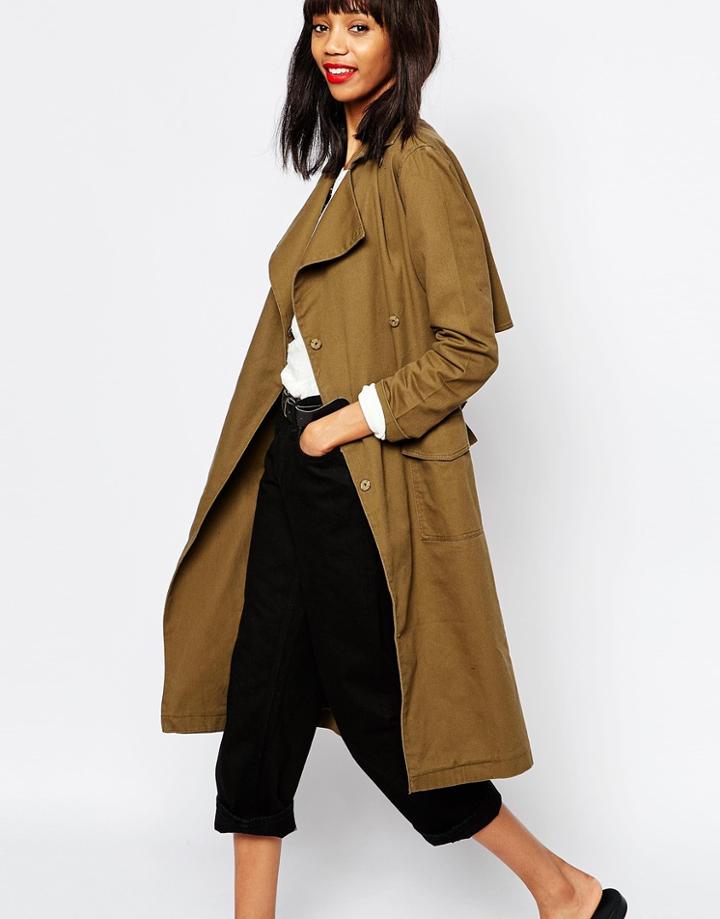 Monki Tie Waist Utility Trench - Khaki