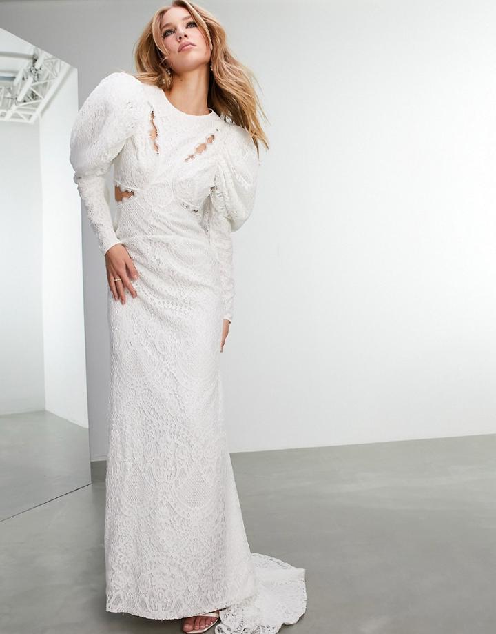 Asos Edition Lori Eyelash Lace Puff Sleeve Wedding Dress With Cut-out Detail-white