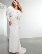 Asos Edition Lori Eyelash Lace Puff Sleeve Wedding Dress With Cut-out Detail-white