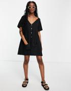 Asos Design Button Through Mini Smock Dress With Pockets In Black