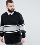 Asos Plus Relaxed Long Sleeve Rugby Polo Shirt With Contrast Panelling In Black - Black