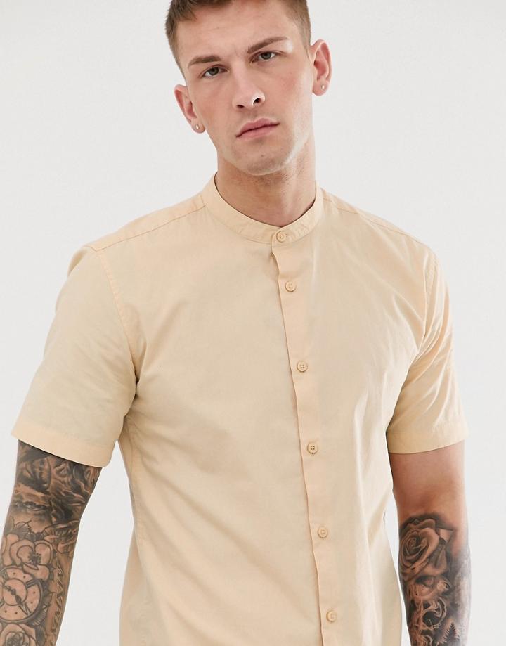 Only & Sons Grandad Collar Short Sleeve Shirt In Beige - Beige
