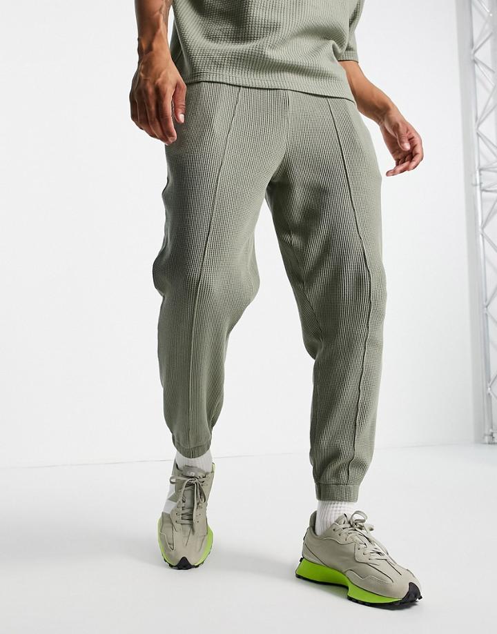 Asos Design Tapered Cargo Sweatpants In Khaki Waffle - Part Of A Set-green