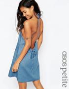 Asos Petite Denim Halter Neck Tie Detail Sundress In Lightwash Blue - Blue