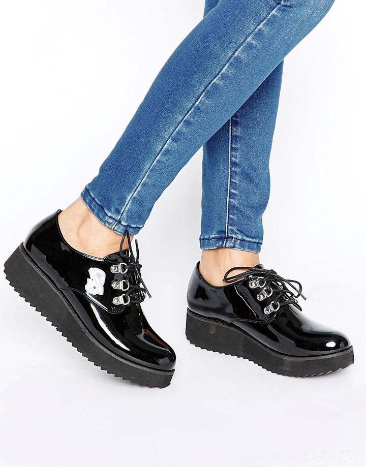 London Rebel Metal Trim Flatform Lace Up - Black