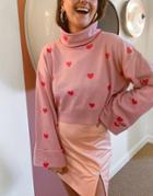 Heartbreak Cropped Cowl Neck Sweater With Heart Embroidery In Pink