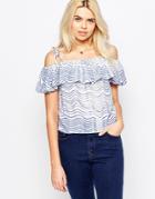 The Whitepepper Peplum Off The Shoulder Top In Wave Print - Blue