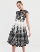 Chi Chi London Premium Lace Midi Prom Dress With Bardot Neck In Mono - Multi